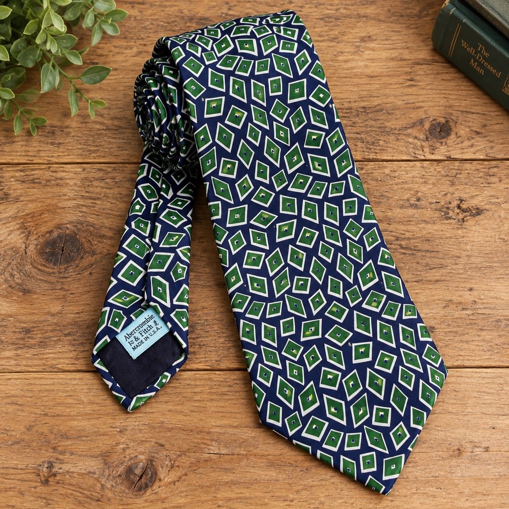 VTG Abercrombie & Fitch Geometric Silk Tie Mens Blue Green Diamond Handmade USA